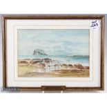 R H (monogram) - The Bass Rock from North Berwick Golf Links" - watercolour signed and dated 1957 to