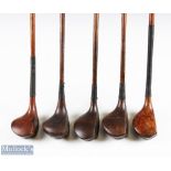 5x Various Golf woods - features D Sinclair brassie, unnamed brassie with face insert, G Bowser