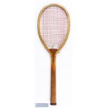 c1900 F H Ayre Tennis Racket, a central strung racket with brass outer grommets, appear to of been