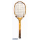 Bussey Co Oxonian Wavy Wedge Tennis Racket, with shoulder strapping, leather butt cover, 14 1/2 oz,