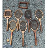 A Collection of Period Wooden tennis Rackets some in need of repair, with examples of The Handicap -