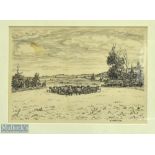 Kings Burton Cricket Club pencil etching by cartoonist Sillince, original drawing frame and