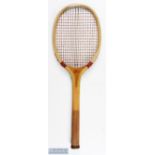 c1920 G G Bussey & Co Alert Tennis Racket, with wavy wedge, shoulder strapping and leather butt