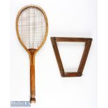 c1900 "The Practice" Wooden Fishtail Tennis Racket, with period press, with gut strings 13oz weight