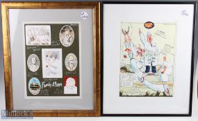 John Jensen Framed Cricket Cartoon Caricature, 2 x original pictures of a cricket family album,