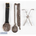 3x Silver Golf related items - 2x medals both featuring period golfing scenes, one stamped with