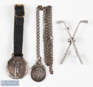 3x Silver Golf related items - 2x medals both featuring period golfing scenes, one stamped with