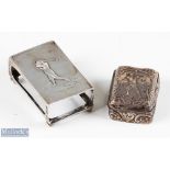 925 Sterling hinged pill box with golfer design having raised period golfer design to top with