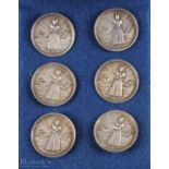 6 Edwardian hallmarked silver lady golfer design buttons each having period lady with club, 5