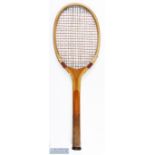 c1923 G G Bussey & Co Hexagon Wimbledon 4 Tennis Racket, with wavy wedge, shoulder strapping,