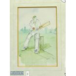 Cricket Batsman in Motion Pencil Drawing with colour wash signed Tim, framed and mounted under glass