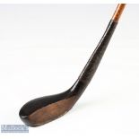 Elegant Mitchell dark stained curved face longnose baffing spoon c1890- with full brass wrap over