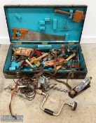 Vintage Wooden Toolbox with contents, the box is very worn, has noted contents of Stanley No.4