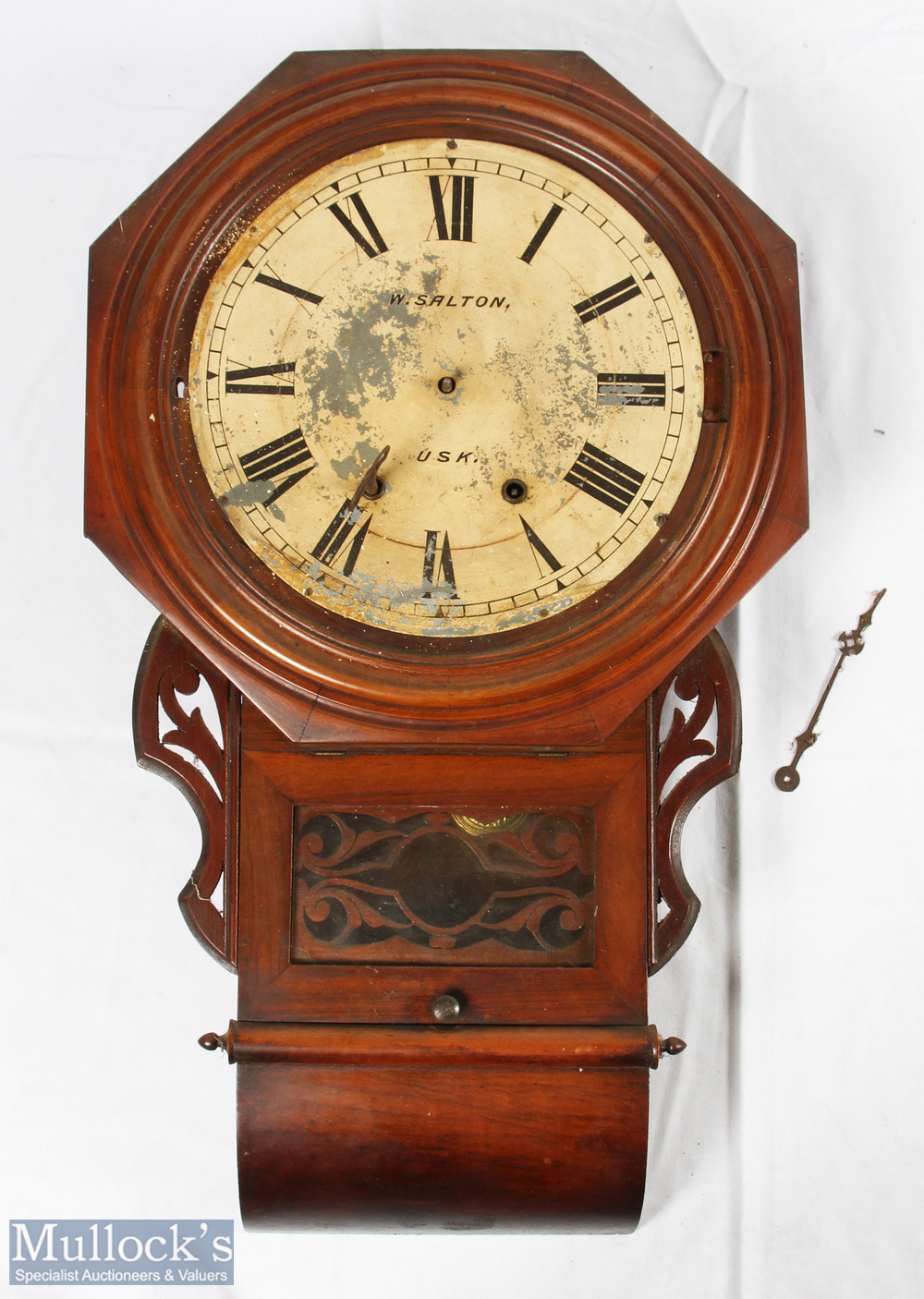 American Style Wall clock with pendulum and key, missing face bezel painted dial W Salton Usk-