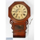 American Style Wall clock with pendulum and key, missing face bezel painted dial W Salton Usk-