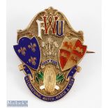 Magnificently rare 1908 Wales v France Rugby Badge: 9ct gold lapel badge, obverse with enamelled WFR