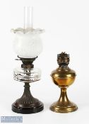 2 x Period and Antique Oil Lamps, one with milk glass shade with No.2 Hinks lever burner, a brass