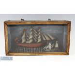 19th centurySailing English Navy 3 Masted Ship Framed Diorama models of 2 sailing ships, with tin