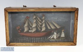 19th centurySailing English Navy 3 Masted Ship Framed Diorama models of 2 sailing ships, with tin
