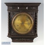 W G Whiting Manchester Barometer cased in a carved oak case with a brass engraved dial, size 37cm