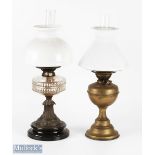 2x Period and Antique Oil Lamps both with milk glass shades, a brass lamp with funnel and shade, a