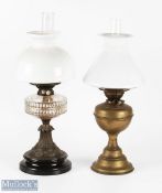 2x Period and Antique Oil Lamps both with milk glass shades, a brass lamp with funnel and shade, a
