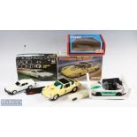 Three Remote Control Cars Huki Porsche Targa police car in white, Nikko battery-operated radio-