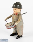 c1940 Schuco clockwork Drummer French Soldier - tinplate head with cream face and drum, a good
