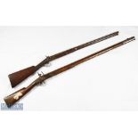c19 century "2 Flintlock and Percussion guns both have their ramrods, indistinct makings to barrels,