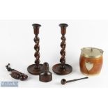 Treen Collectables a lot to include a pair of barley twist candle sticks - #31cm tall, with copper