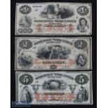 19th century 1862 USA Somerset and Worcester Savings Bank Notes (3) - $1, $2 and $5 notes, all