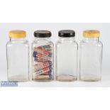 4x vintage glass shop sweet jars one containing approx. 22 Necco candy sweet packs, jar height 31cm