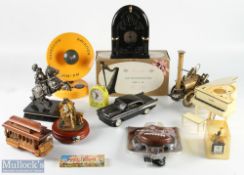 A Selection of Novelty Music Boxes, Telephone, Radios with noted items of franklin 8 transistor harp