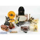 A Selection of Novelty Music Boxes, Telephone, Radios with noted items of franklin 8 transistor harp