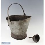 Period large Galvanized Coal Scuttle with folding handle, plus c1850 pewter wine funnel with hook