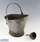 Period large Galvanized Coal Scuttle with folding handle, plus c1850 pewter wine funnel with hook