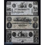 19th century USA Bank Notes (3) - 1840 Chesapeake & Ohio Canal Company $5, 1856 Farmers & Exchange