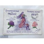 Very rare 1912 French Championship Rugby Postcard: Postally used, styish and colourful card