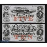19th century USA City Bank of New Haven, Connecticut Unissued Bank Notes (2) - $5 and $10 notes,