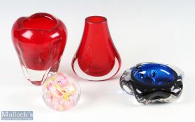 Whitefriars Glass - to include ruby molar 14cm vase, a blue molar dish, ruby hambone vase - slight