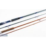 Unnamed Hollow Glass Spinning Rod, 9' approx. 2pc, cloth bag; an unnamed Split Cane Spinning Rod, 7'