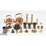 Brass, Pewter, Copper, Metalware Mixed Collectables Lot to include 2 copper and brass kettles, an