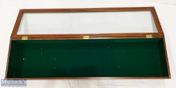 Dark Wood Lidded Display Case with glass hinged lid used for displaying golf clubs - size #13cm x