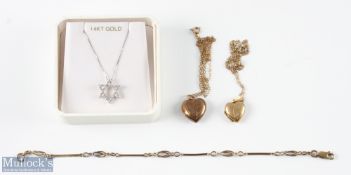 Two hallmarked 9ct gold heart lockets and chains, with a 9ct hallmarked fancy link bracelet, one