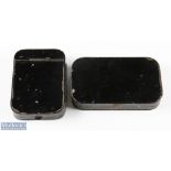 G Farlow & Co black japanned fly and cast tins, 10x metal lidded fly compartments with cast and