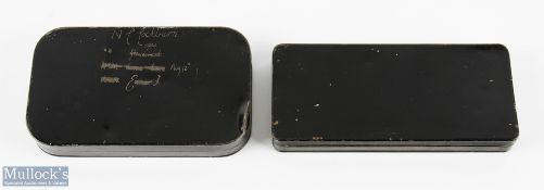 A fine pair of unnamed black japanned fly tins comprising 1x 6 1/2" x 3" with 15 metal lidded