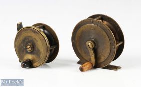 A pair of A Allan Glasgow brass reels, 2 5/16" plate wind with Arthur Allan Ltd Glasgow stamp on