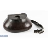 Early Pot Bellied Leather creel - measures 11" (L) x 5.5" (D) x 5" (H) - with 1.75" hole to hinged