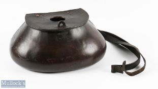 Early Pot Bellied Leather creel - measures 11" (L) x 5.5" (D) x 5" (H) - with 1.75" hole to hinged