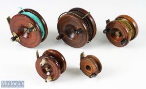 A collection of 5x English traditional mahogany and brass reels, all working very well, wonderful